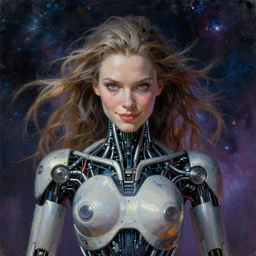 perfectly centered portrait of a beautiful biomechanical android alien robot, female, flowing hair, intense stare, sarcastic smile, symmetrical, concept art, intricate detail, volumetric shadows and lighting, cosmic background, realistic oil painting by tim hildebrandt,