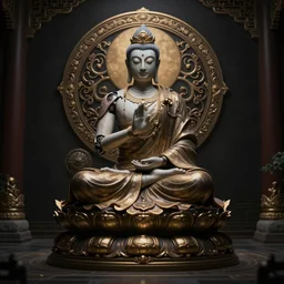 Half cyborg half monk discovering enlightenment, dark atmosphere, 8k, cinematic lighting, symmetry, elegant, ornate, hyper realistic, zen, full bosy