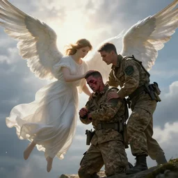 wounded soldier gets help from angel, divine, light from the sky, purgatory, realism, 4 k, hd