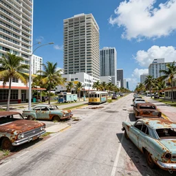 wide angle shot of dilapidated fallout 5 miami, tropical coastal city in real life, desolate, dilapidated, empty streets, some rusted retro futuristic vintage styled parked vehicles like cars, buses, trucks, trams, sunny weather, few clouds, volumetric lighting, photorealistic, 4 0 0 0 k, daytime, winter, sharp focus, ultra detailed, technicolour 1