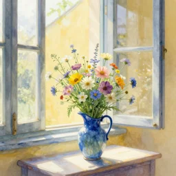 bouquet of wild flowers in a blue jug, yellow wall, open window, drops of sunlight, dreamy lighting, highly detailed, cold colors, light tone, watercolor illustration, hd, style by impressionism, octane render, hyperdetailed environment, photorealism, hyper realistic n 9