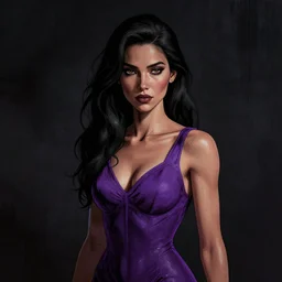 neo - noir, cell shaded, portrait of a woman in a purple dress, dark textured background, moody lighting, detailed, thick line art, artstation, photoshop, grunge, dark background