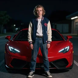 Kavinsky in Stranger Things standing in front of a red sports car, night, cinetmatic