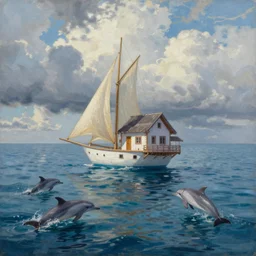 “a painting in the style of Jacek Yerka , a house with sails is floating on the ocean surrounded by dolphins on a cloudy summer afternoon.”