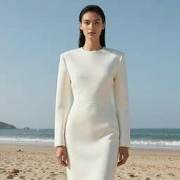 female fashion model in year 3000 at beach, model wearing a huge surreal Avant-garde helmet in yellow, photography , official Versace editorial , highly detailed