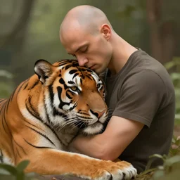 balded man cuddles a tiger, digital art