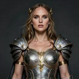 portrait of natalie portman as a war goddess. 8 k, stunning and beautiful, award winning, highly detailed, extremely delicate armor, beautiful portrait, dramatic, mystical, league of legends style