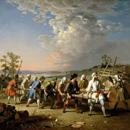 the whole wide shot scenario depicted in this historical rococo painting by late baroque antonie watteau from the 1 7 9 0 s depicts a fantasy empire that combines middle eastern and scandinavian customs. because lumber is this empire's main export, the picture shows a group of labourers dragging lumber across a barren landscape.