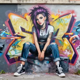punk girl sitting on extreme 3 d graffiti tag mural maximalism by atey ghailan, by greg rutkowski, by greg tocchini, by james gilliard, by joe fenton, yellow, brown, black and cyan color scheme, octane render