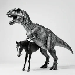 t rex and a horse wearing high heels, strange, black and white, photograph, 1850s