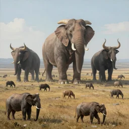 gigantic creatures of the great wild plains, hd photograph painting surreal trippy numerous beasts on an open plain, sharp focus