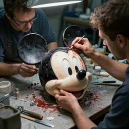 workers in workshop repairing bloody mickey mouse head, made by beeple, cgsociety, artgerm, greg rutkowski, highly detailed intricate 8 k art, low light cinematic, 2 4 mm lens, upper view close distance
