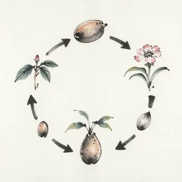 japanese ink drawing of a plant cycle from seed to bloom