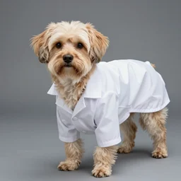 dog wearing a lab coat