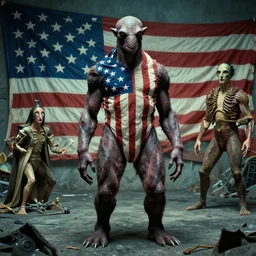 creature with american flag, they are done, film still from the movie directed by denis villeneuve and david cronenberg with art direction by and h. r. giger, salvador dali and zdzisław beksinski