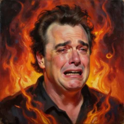 portrait of john candy crying in the metaverse, fire and pain, oil on canvas by william sydney mount, trending on artstation
