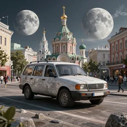 vehicle in the russian city on the moon designed by ash thorp, busy street, rendered in octane, unreal engine 5, photorealistic, 8 k hdr