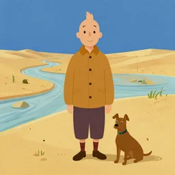 painting of tintin and his dog on a deser with river, smooth face median photoshop filter cutout vector behance hd by jesper ejsing, by rhads, makoto shinkai and lois van baarle, ilya kuvshinov, rossdraws, illustration, art by ilya kuvshinov and gustav klimt