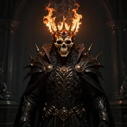 centered portrait of the Shadow King wearing a crown formed out of fire, in the style of Dark Souls, cape, skull mask, character concept, high fantasy, gothic, dark atmosphere, malice, medium shot, symmetrical face, golden ratio, cinematic lighting, hyperdetailed, high resolution, insanely detailed and intricate, artstation, Marc Simonetti, Greg Rutkowski, H R Giger, octane render, 8k