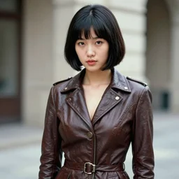 ektachrome, telephoto, highly detailed : incredibly realistic, youthful asian demure, exquisite features, feminine cut, photo 1 9 9 0 s frontiers in flight leather suit cosplay fashion, cass bird