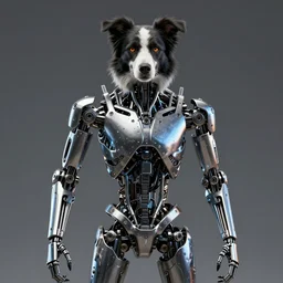 a border collie remagined as a terminator, t - 8 0 0, skynet, metallic, robotic, stainless steel, liquid mercury, unreal engine, hyperrealistic, detailed photo, symmetrical, intricate digital art, trending artstation, artgem, 8 k, ultra high definition, breathtaking, award - winning, groundbreaking, masterpiece, epic, majestic