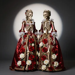 two female skeletons standing on a queen, red and white flowers, spotlight, renaissance, baroque, Marie Antoinette, beautiful