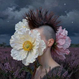 closeup, giant flowers head with mohawk, woman in heather field, surreal photography, starlight, storm clouds, impressionist painting, digital painting, artstation, simon stalenhag