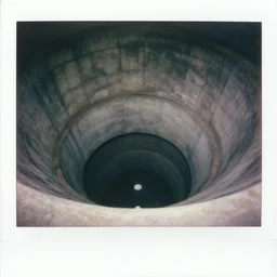 looking down into the inside of an empty concrete tower, foggy, megalophobia, old polaroid, expired film,