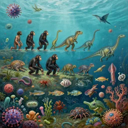 all of evolution as a striking detailed painting, evolution, underwater and sky and water and land and space, viruses, humans, bacteria, invertebrates, chimpanzee, neanderthal, dinosaurs, reptiles, fish, mammals, worms, corals, fungi, bacteria, viruses, animals, plants, flagellates, arachnids, snails, squid, birds, bivalves
