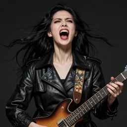 portrait of a long black haired woman angrily screaming, eyes open, music performance, guitar, hair blowing in wind, leather trench coat, intricate, elegant, highly detailed, digital painting, artstation, concept art, smooth, sharp focus, illustration, art by artgerm and greg rutkowski and alphonse mucha, 8 k
