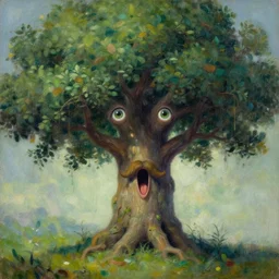 a magic talking tree with eyes, mouth and a moustache, fantasy concept art, oil painting by joao ruas