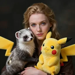 Lady with an Ermine with a Pikachu, pokemon, dark background
