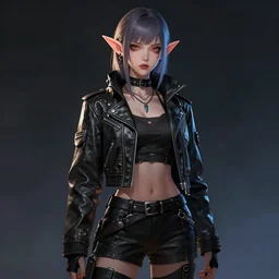 full body portrait of a cute, badass elf woman with elf ears wearing a leather jacket, cyberpunk digital art, dramatic lighting, illustration by Greg rutkowski, yoji shinkawa, 4k, digital art, concept art, trending on artstation