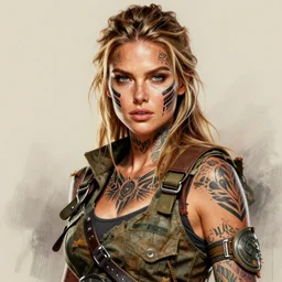 gorgeous!! hyper - realistic woman resembling kate upton as a post - apocalyptic warrior girl with tattoos & tribal face paint, tattered military gear | drawn by wlop, drawn by jeehyung lee, drawn by artgerm | smooth, sharp focus, intricate