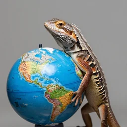 a close up of a lizard holding a globe, a stock photo by chinwe chukwuogo - roy, trending on pixabay, lyco art, shallow depth of field, studio photography, global illumination