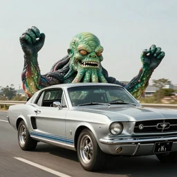 detailed photo of human sized cthulhu driving his 1 9 6 1 ford mustang, one arm out the window, driving down route 6 6, 8 k, award winning photography