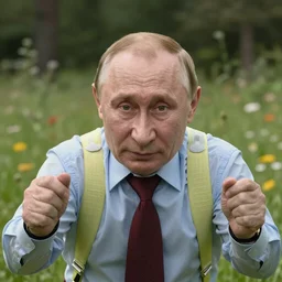 A highly detailed photorealistic full portrait of Vladimir Putin frolicking in the field by Simon Stalenhag and Thomas Kinkaid, Octane render, trending on cgsociety, HDR, 8K I cant believe how accurate this is
