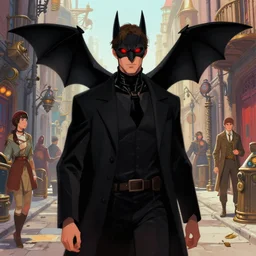bat, man, whitechapel, glowing red eyes, 1 8 8 0 s, steampunk alley, streets, beautiful face, nicoletta ceccoli, mark ryden, lostfish, max fleischer, hyper realistic, artstation, illustration, digital paint, matte paint, vivid colors, bright, cheerful, detailed and intricate environment