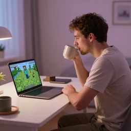 a photograph of a man sitting comfortably at his desk, dimly lit bedroom, drinking hot cocoa, watching a minecraft video on his laptop, professional photography, pastel tones, 4 k, 8 k