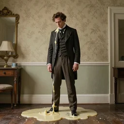 “the melting man wearing a Victorian suit, he is in his apartment just melting into an indeterminable sludge, the wallpaper is tacky”