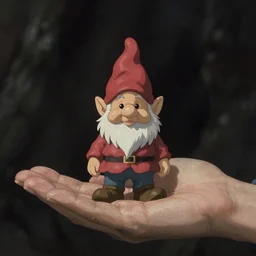 hyperrealist studio ghibli dull colors from close encounters of the third kind 1 9 7 7 of an open palm and a gnome standing in a giant open hand.