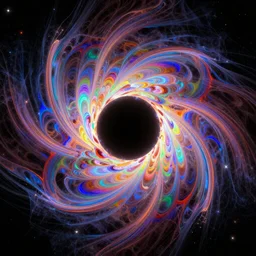 the emergence of a black hole as a nebula explosion, super colorful psychedelic magnetic waves forming the black hole, irridescent, magnificent beautiful space-art, digital art