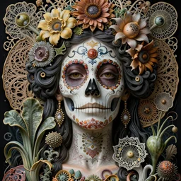 detailed realistic porcelain beautiful ornate calaveras goddess face portrait by jean delville, gustave dore, iris van herpen and marco mazzoni, art forms of nature by ernst haeckel, art nouveau, symbolist, visionary, gothic, neo - gothic, pre - raphaelite, fractal lace, intricate alien botanical biodiversity, surreality, hyperdetailed ultrasharp octane render