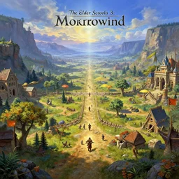 A panoramic 360 photo of gameplay from the videogame 'The elder scrolls 3: Morrowind' painted by James Gurney. Fantastic lighting. Colorful environment, rule of thirds, symmetrical balance, depth layering, polarizing filter, Sense of Depth, AI enhanced