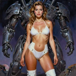 A mixed media portrait painting of a very beautiful light-brown-hair woman on an alien planet, very curvy, aesthetic! high-waisted white-bikini-futuristic-armor and boots, sweat, aesthetic symmetrical face and eyes, model, wet, pacific-rim-mech in background, eighties pinup style, by Frank Frazetta, Boris Vallejo, Beeple, Greg Rutkowski, Christian MacNevin, goddess, bombshell, epic fantasy character art, high fantasy, CGsociety, exquisite detail, post-processing, masterpiece, cinematic
