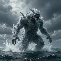 monster made of water emerging from the ocean, epic, epic lighting, digital art, hyper realistic, establishing shot, artstation, frightening