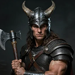 Portrait of Conan the conqueror , in a horned helmet, scant chainmail armor, wielding an axe, muscular male, fantasy, extremely detailed, mixed media comic book style illustration, artstation, fantasy art, sharp focus, perfectly symmetrical facial features, intimate lighting, art by Frank Frazetta, Simon Bisley and Bill Sienkiewicz , hyperrealistic character close-up, dark fantasy, foreboding atmosphere, perfect ratio, hyperdetailed, highest resolution, heavily detailed and complex