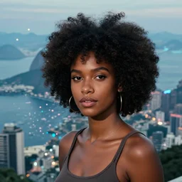 beautiful black woman with afro hair on the foreground, cyberpunk rio de janeiro pao de acucar on the background with flying bright dots in the distance and futuristic skyscrapers