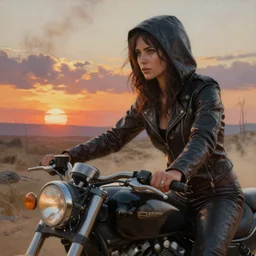 extremely detailed hyperrealistic oil painting, close - up of a woman dressed in leather with a hood riding a motorcycle, post apocalyptic landscape, sunset, lots of dust and smoke clouds, rule of thirds