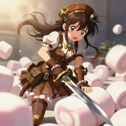 anime girl with steampunk clothes slicing giant marshmallows with a steampunk sword, brown, white, pink, extremely detailed, intense, cute animation, bright,